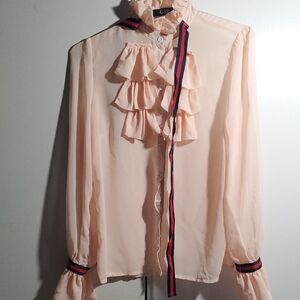 CBR Peach Ruffle Blouse with Striped Trim